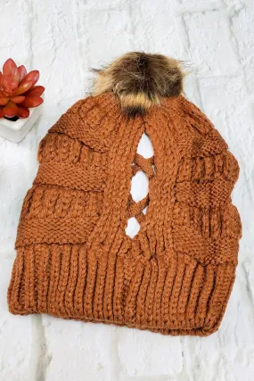 #13 Rust Ponytail Pom-Pom Beanie