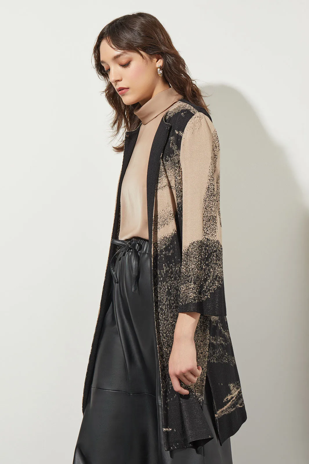 Abstract Belted Long Soft Knit Jacket