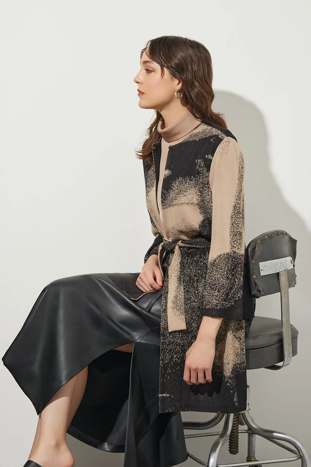 Abstract Belted Long Soft Knit Jacket