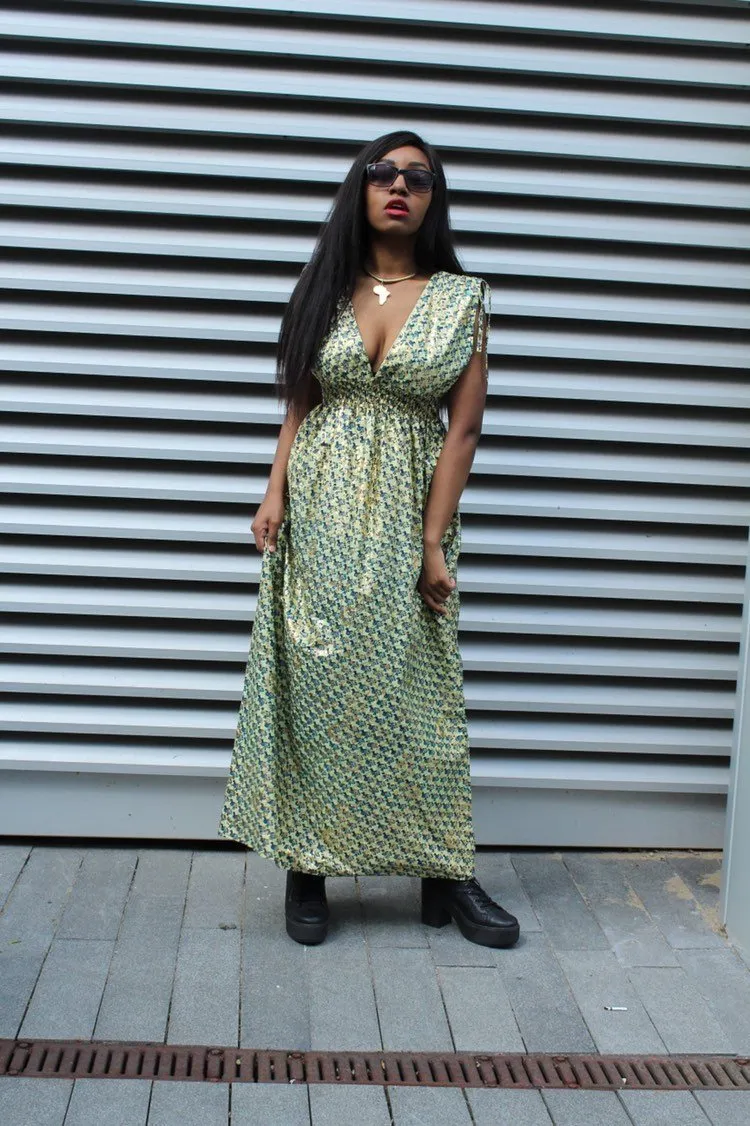 African Dress in Gold Ankara Print - Festival Dress