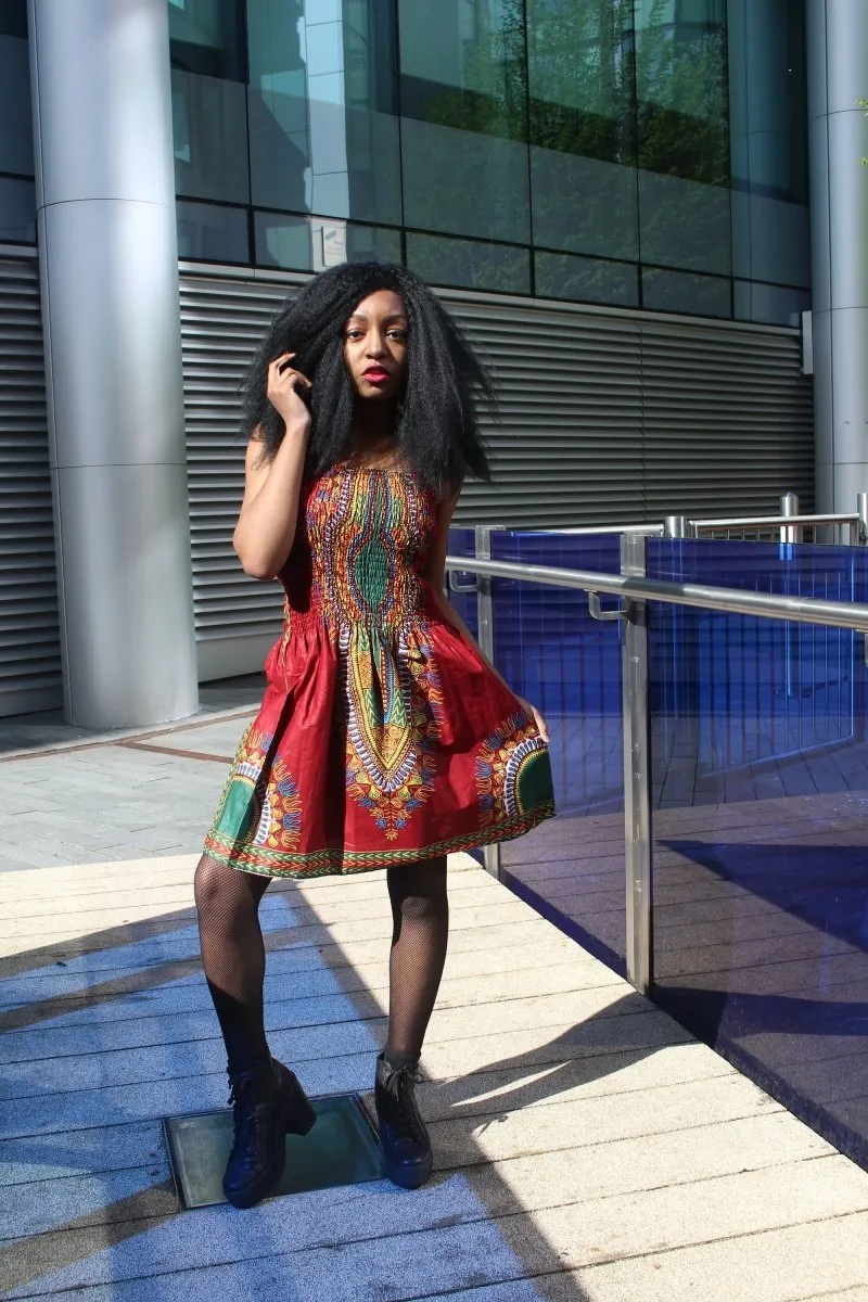 African Dress in Red Dashiki Print - Festival Dress