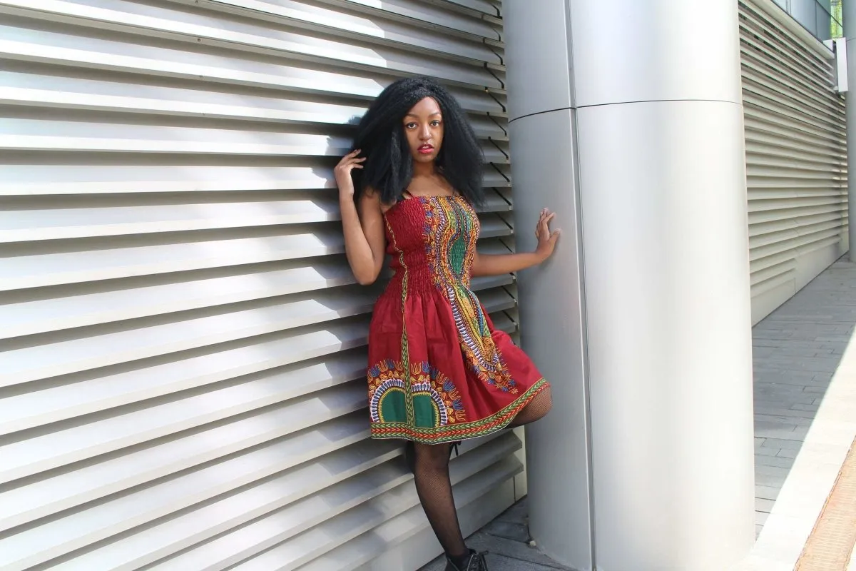 African Dress in Red Dashiki Print - Festival Dress