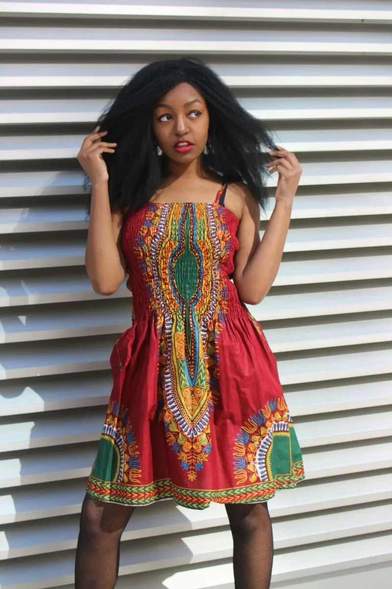 African Dress in Red Dashiki Print - Festival Dress