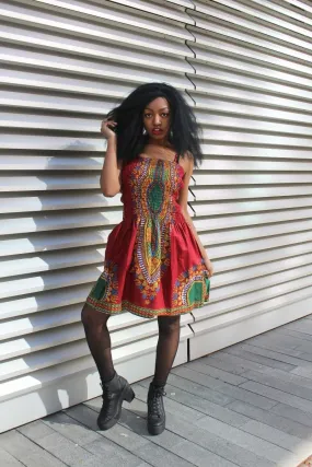 African Dress in Red Dashiki Print - Festival Dress