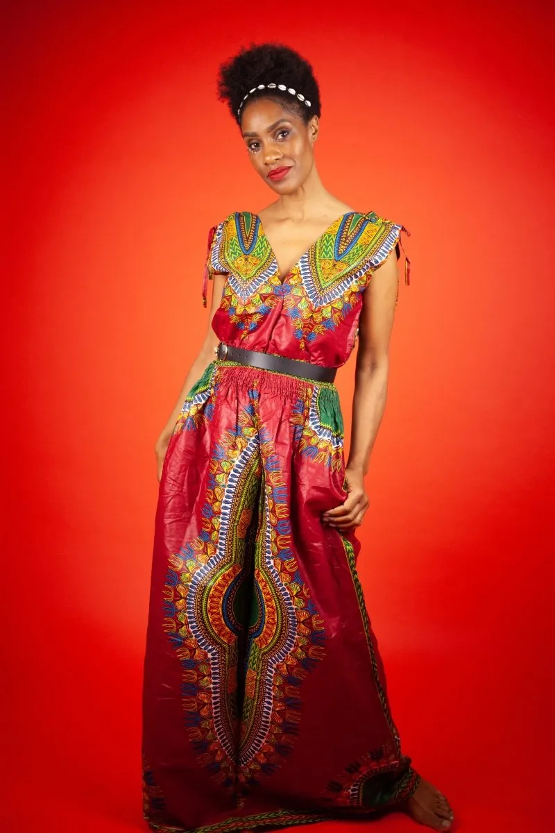 African Maxi Dress In Red Dashiki