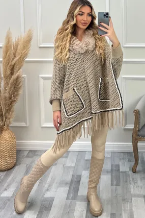 Anika Beige and Black Aztec Print Faux Fur Tassel Cape