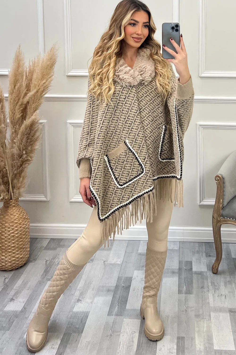 Anika Beige and Black Aztec Print Faux Fur Tassel Cape