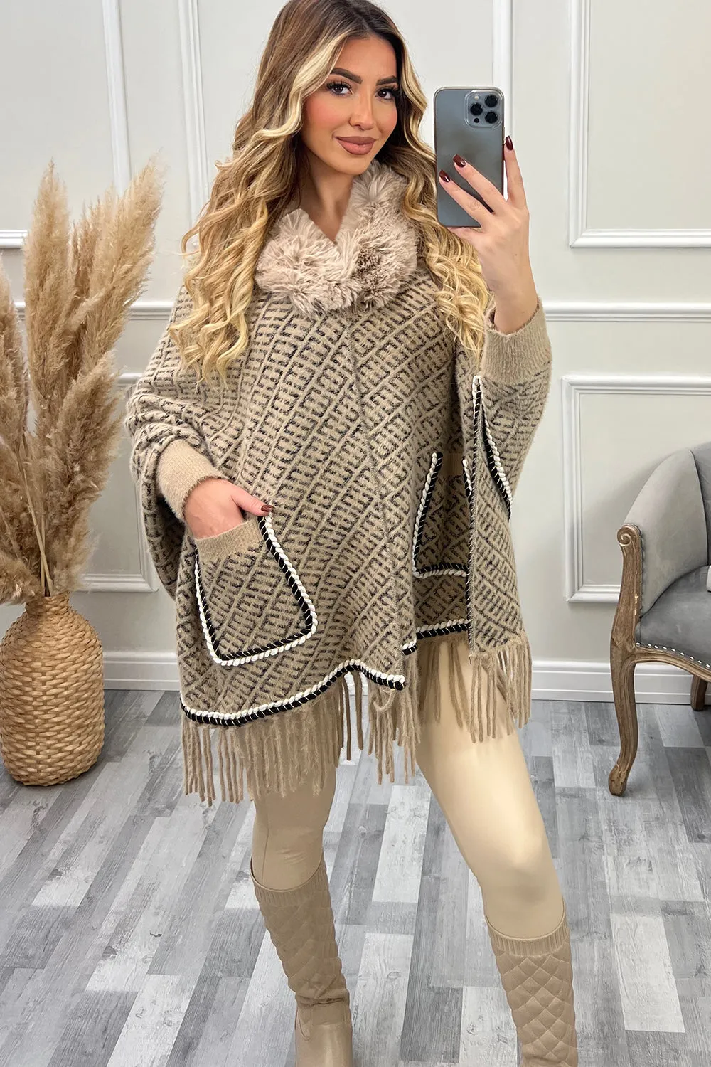 Anika Beige and Black Aztec Print Faux Fur Tassel Cape