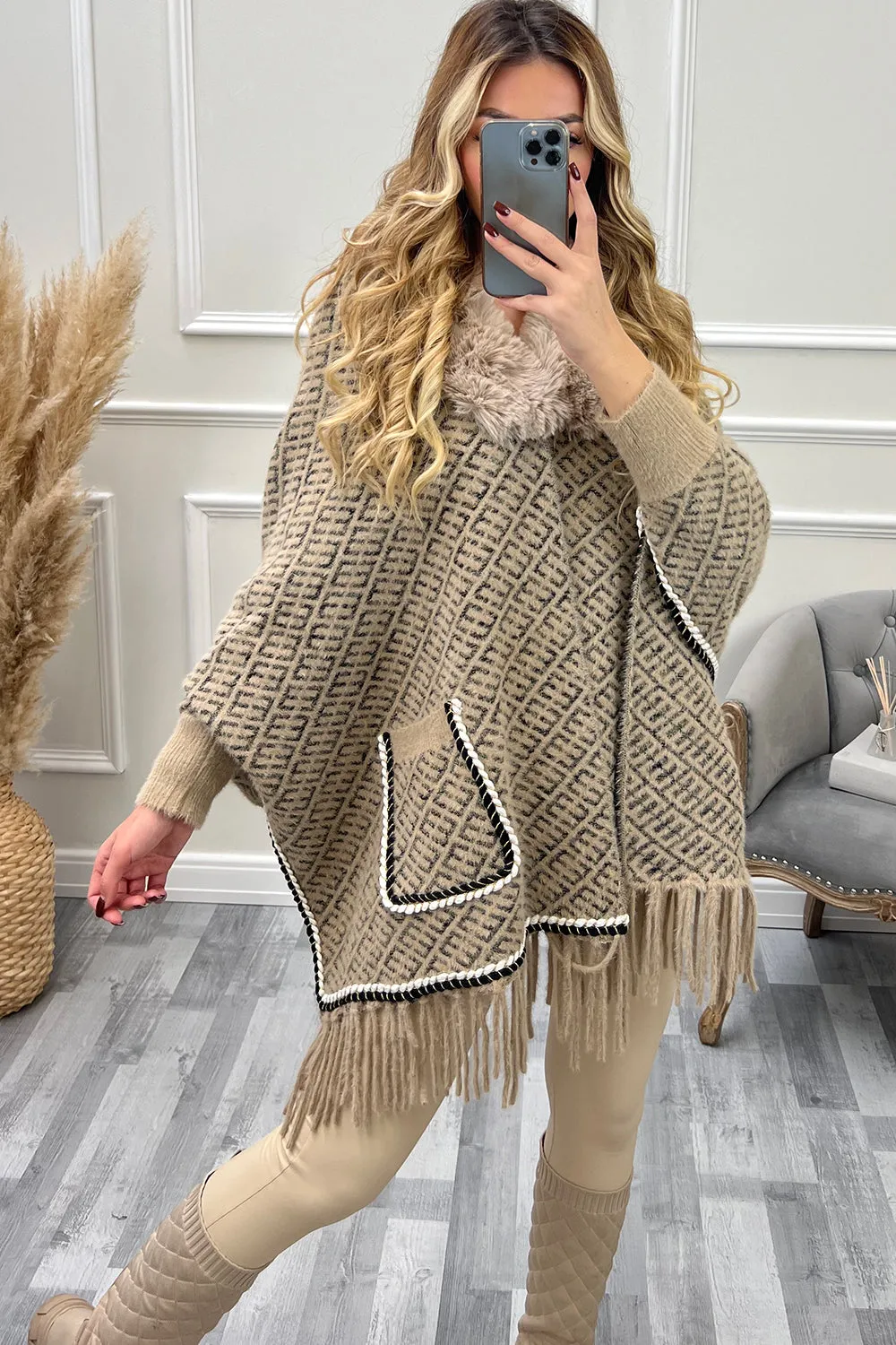 Anika Beige and Black Aztec Print Faux Fur Tassel Cape