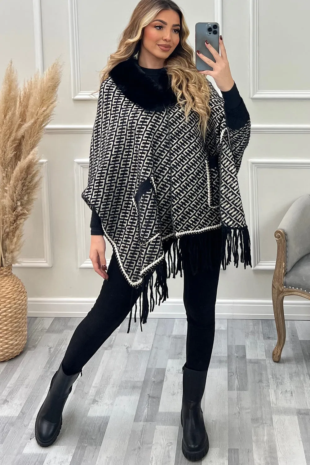 Anika Black and White Aztec Print Faux Fur Tassel Cape