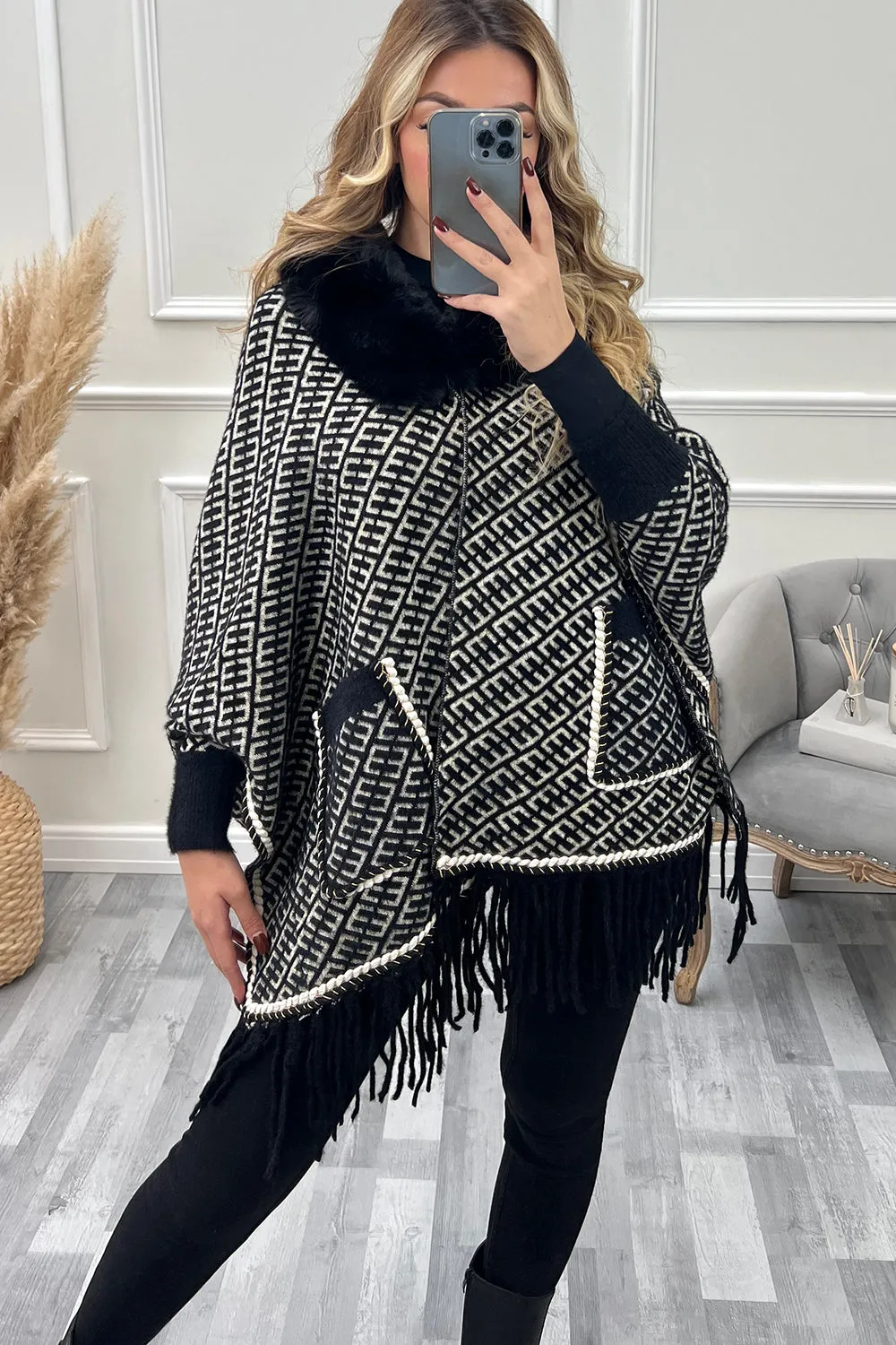 Anika Black and White Aztec Print Faux Fur Tassel Cape