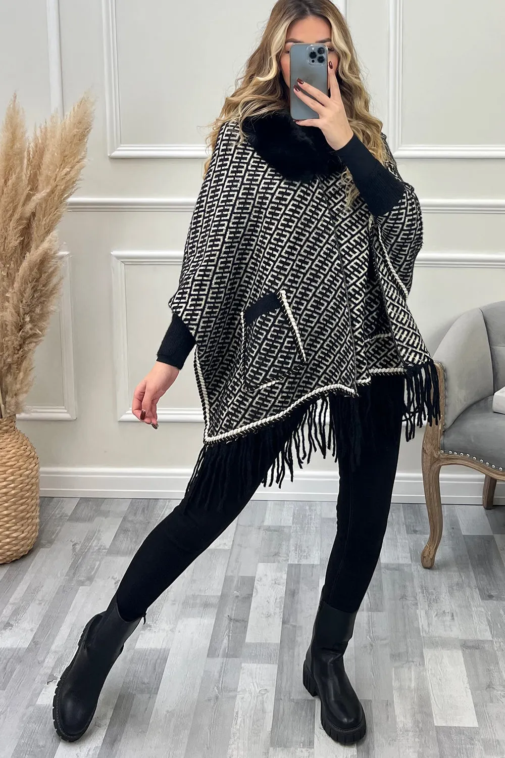 Anika Black and White Aztec Print Faux Fur Tassel Cape