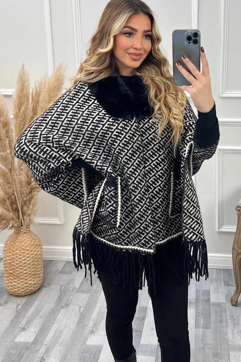 Anika Black and White Aztec Print Faux Fur Tassel Cape