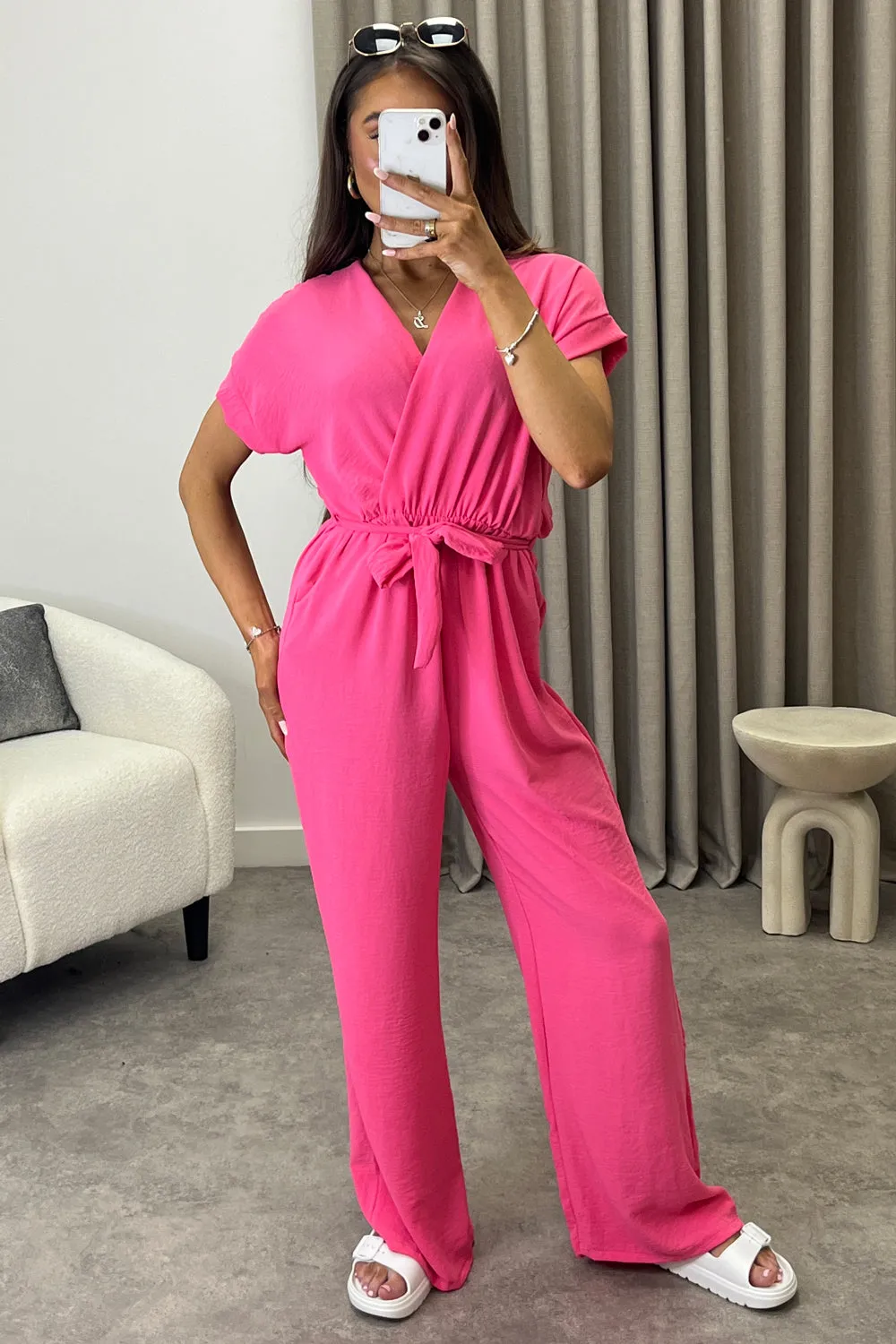 Anny Neon Pink Short Sleeve V Neck Plunge Belted Jumpsuit