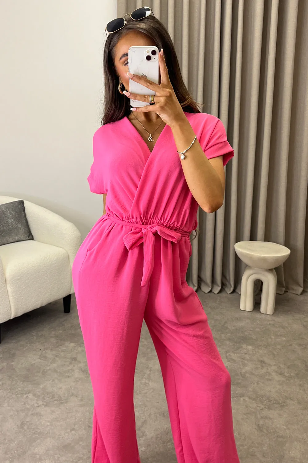 Anny Neon Pink Short Sleeve V Neck Plunge Belted Jumpsuit