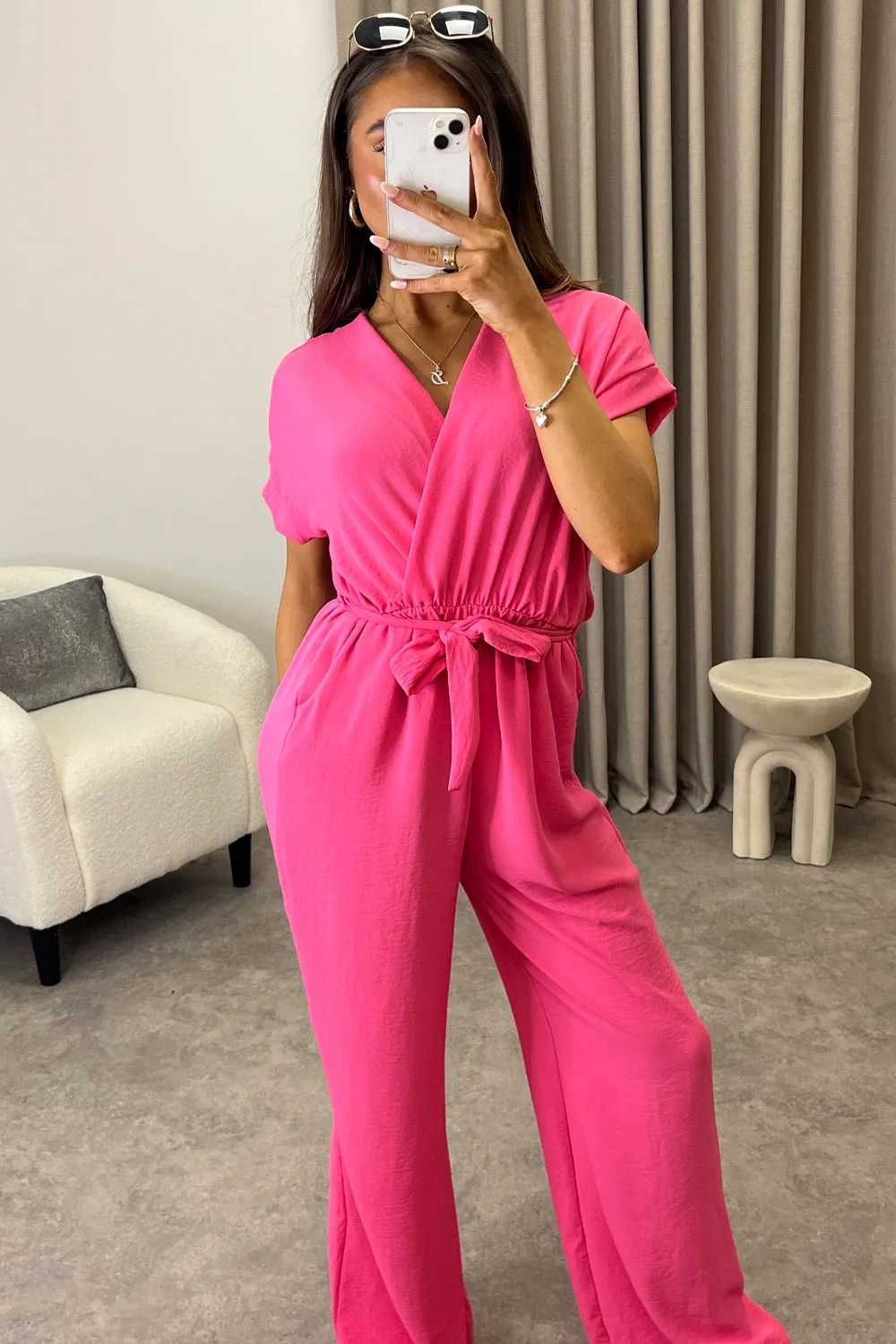 Anny Neon Pink Short Sleeve V Neck Plunge Belted Jumpsuit