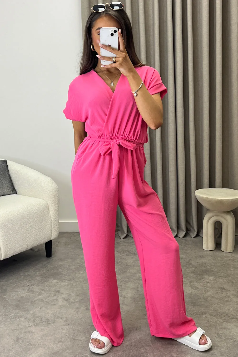 Anny Neon Pink Short Sleeve V Neck Plunge Belted Jumpsuit