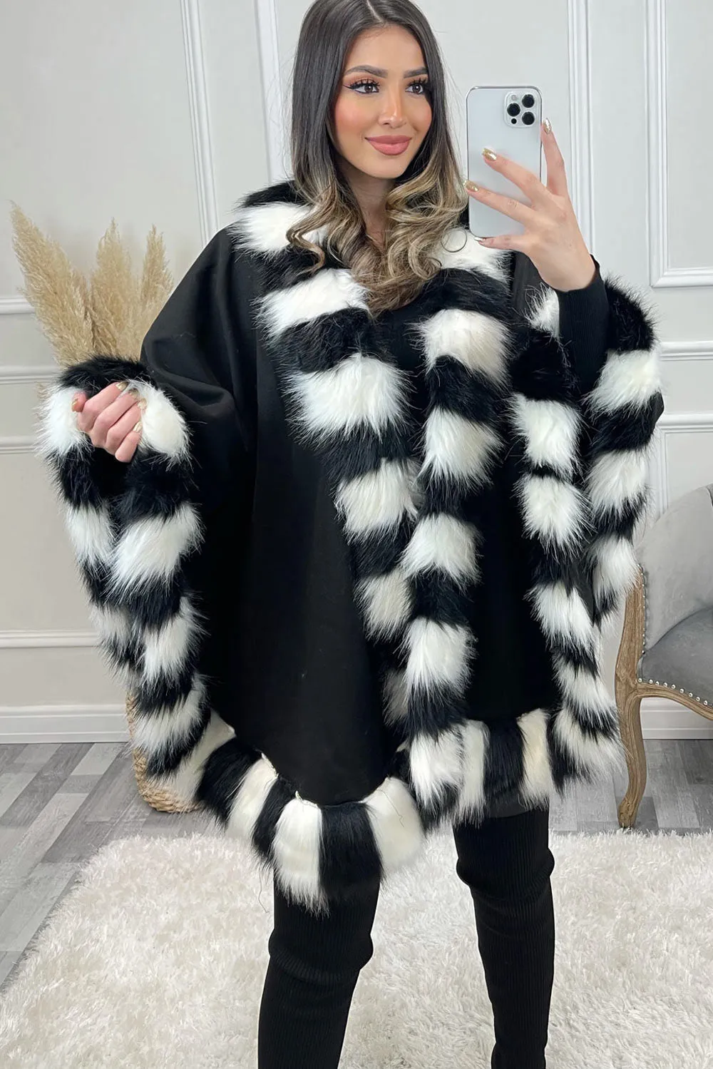 Antonia Black and White Faux Fur Stripe Trim Felt Cape