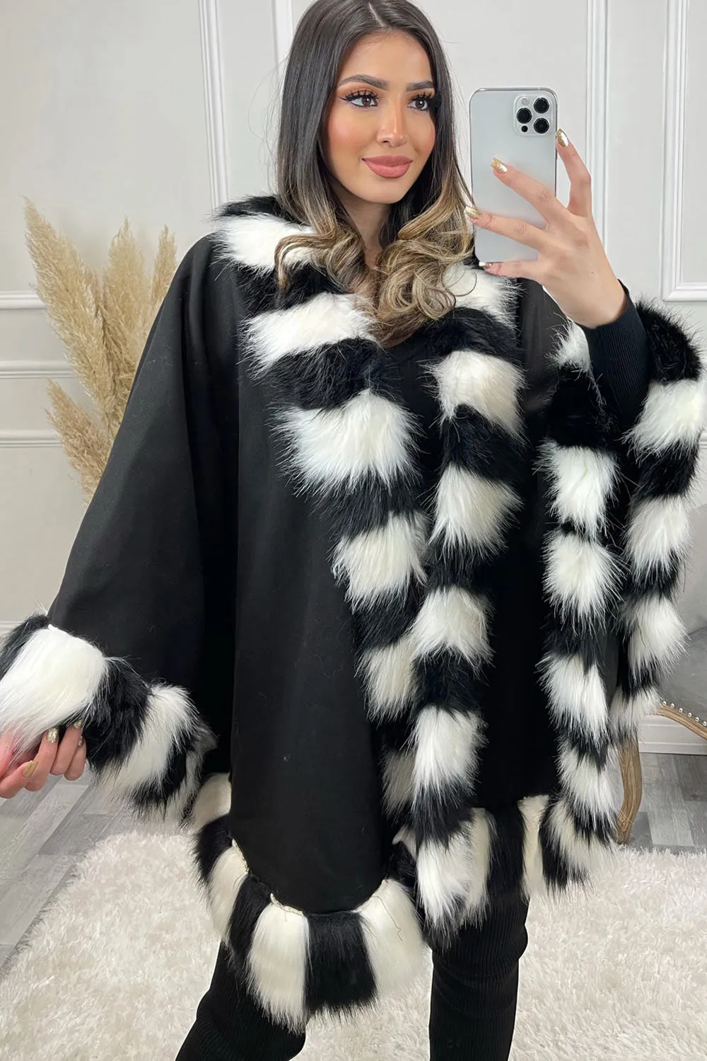 Antonia Black and White Faux Fur Stripe Trim Felt Cape