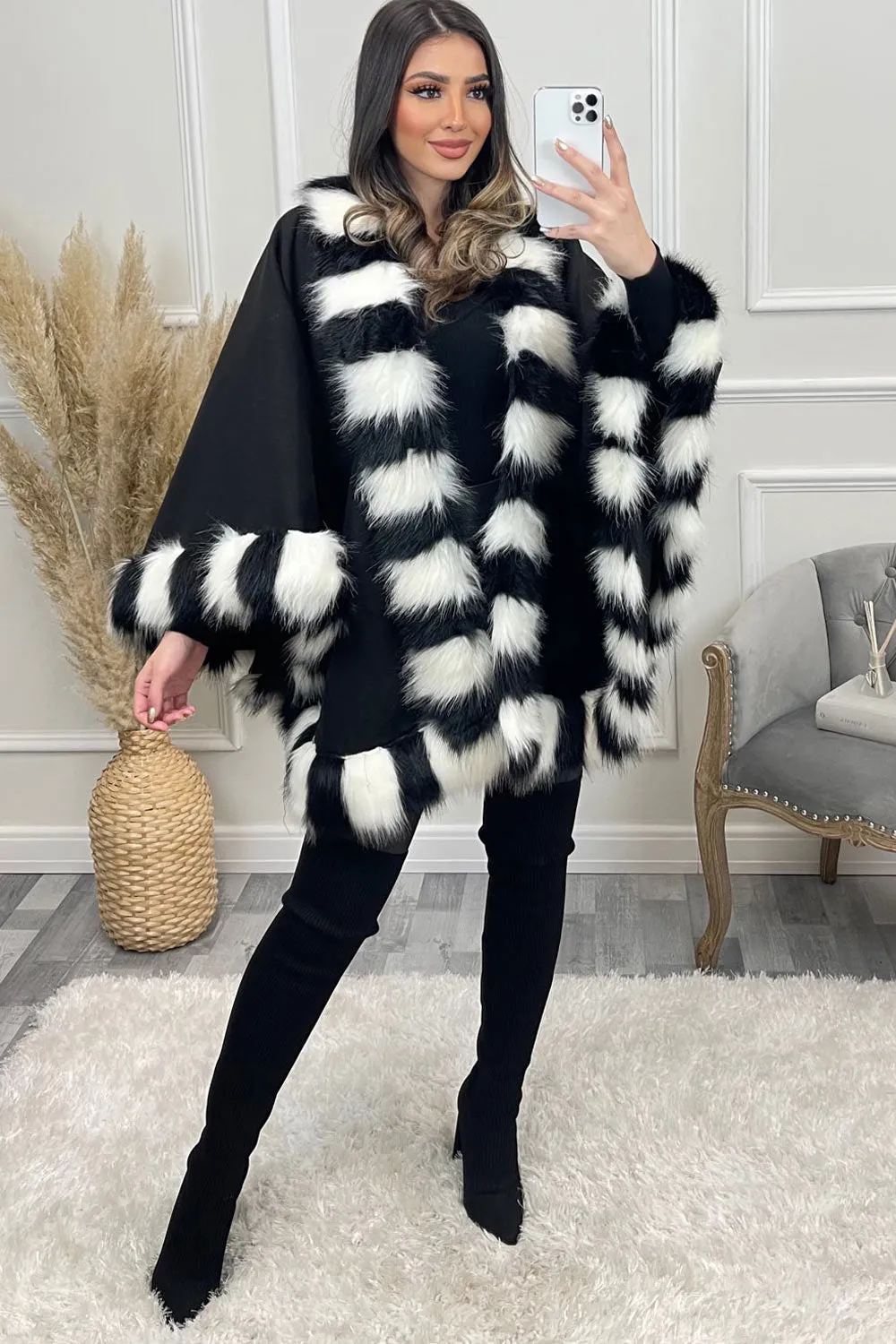 Antonia Black and White Faux Fur Stripe Trim Felt Cape