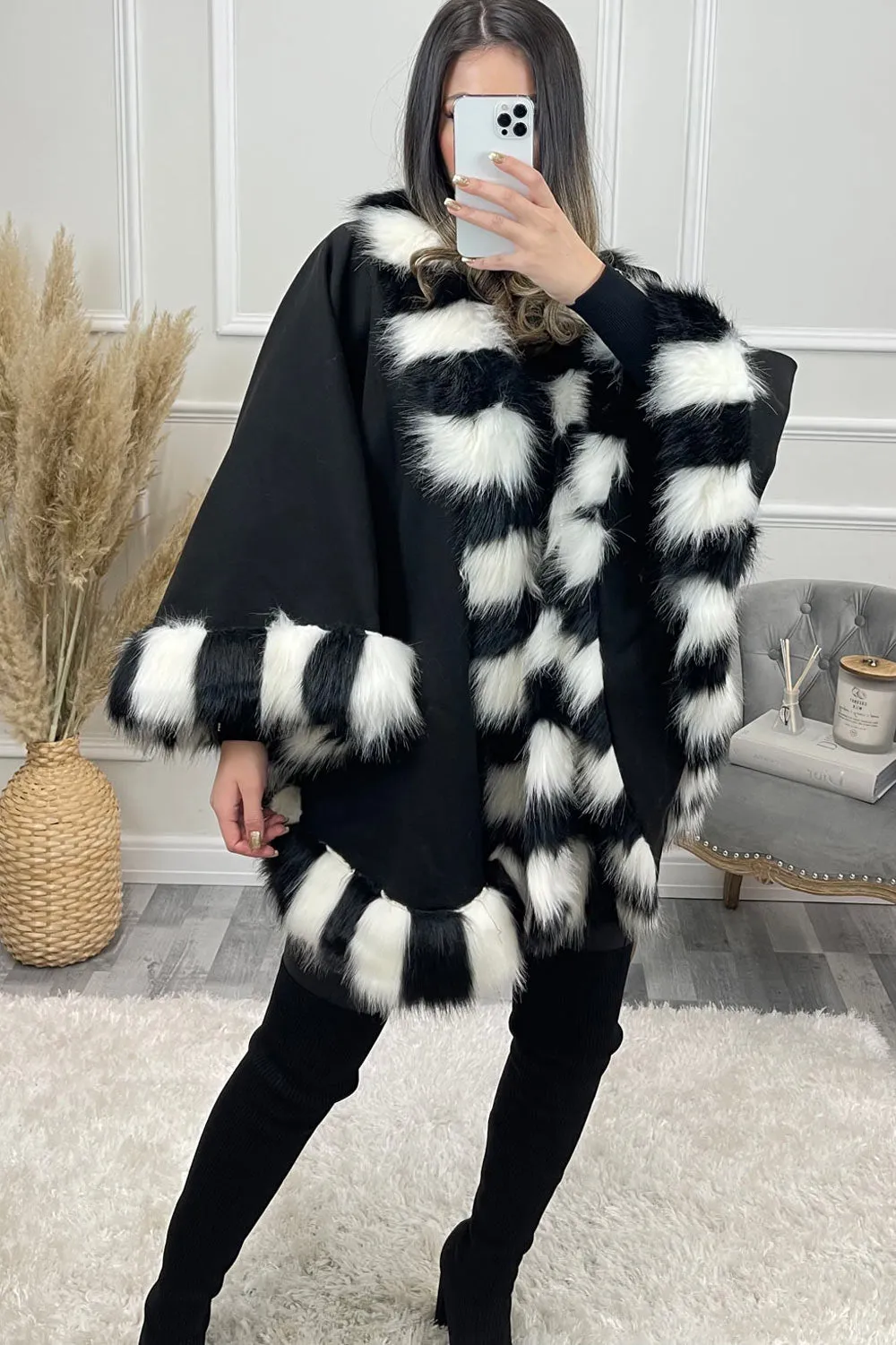 Antonia Black and White Faux Fur Stripe Trim Felt Cape