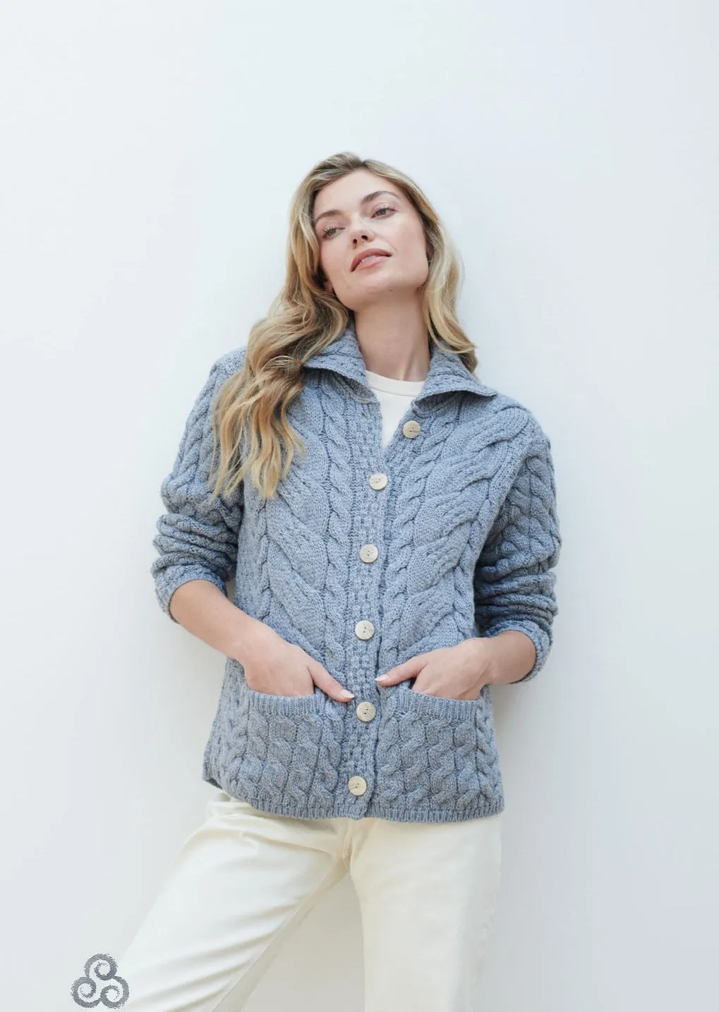 Aran - Button Cable Cardigan - Light Blue