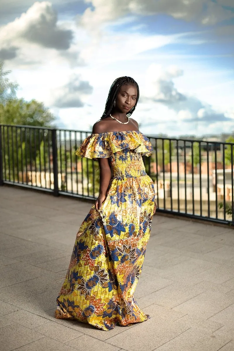 Beautiful African Maxi Dress In Metallic Gold Blue