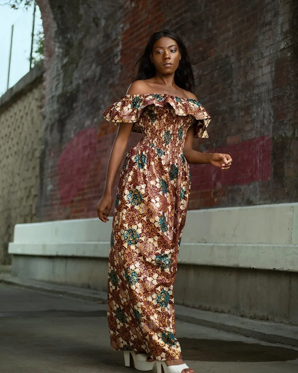 Beautiful African Maxi Dress In Metallic Gold Brown