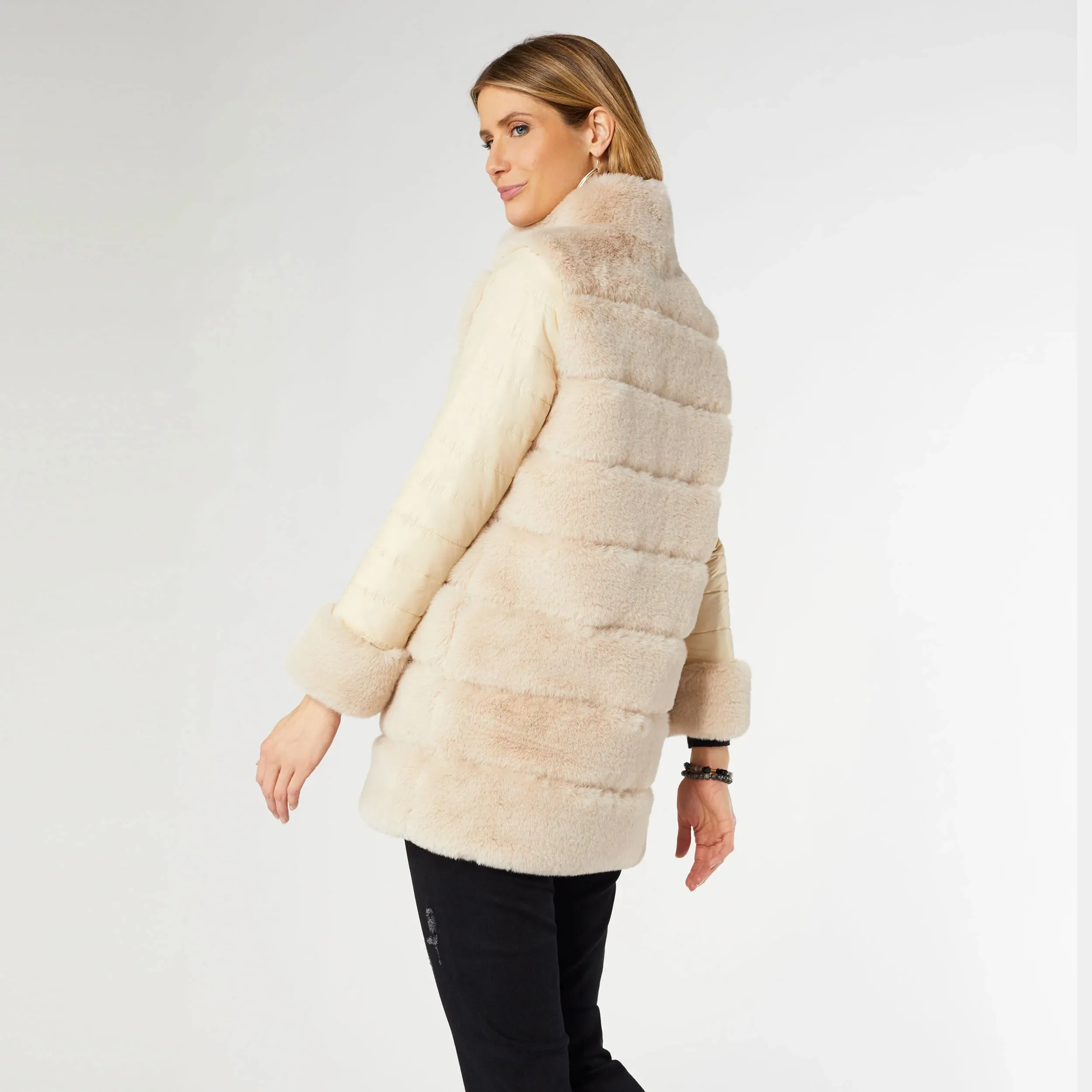 Beige Faux Fur Jacket with Puffer Sleeves