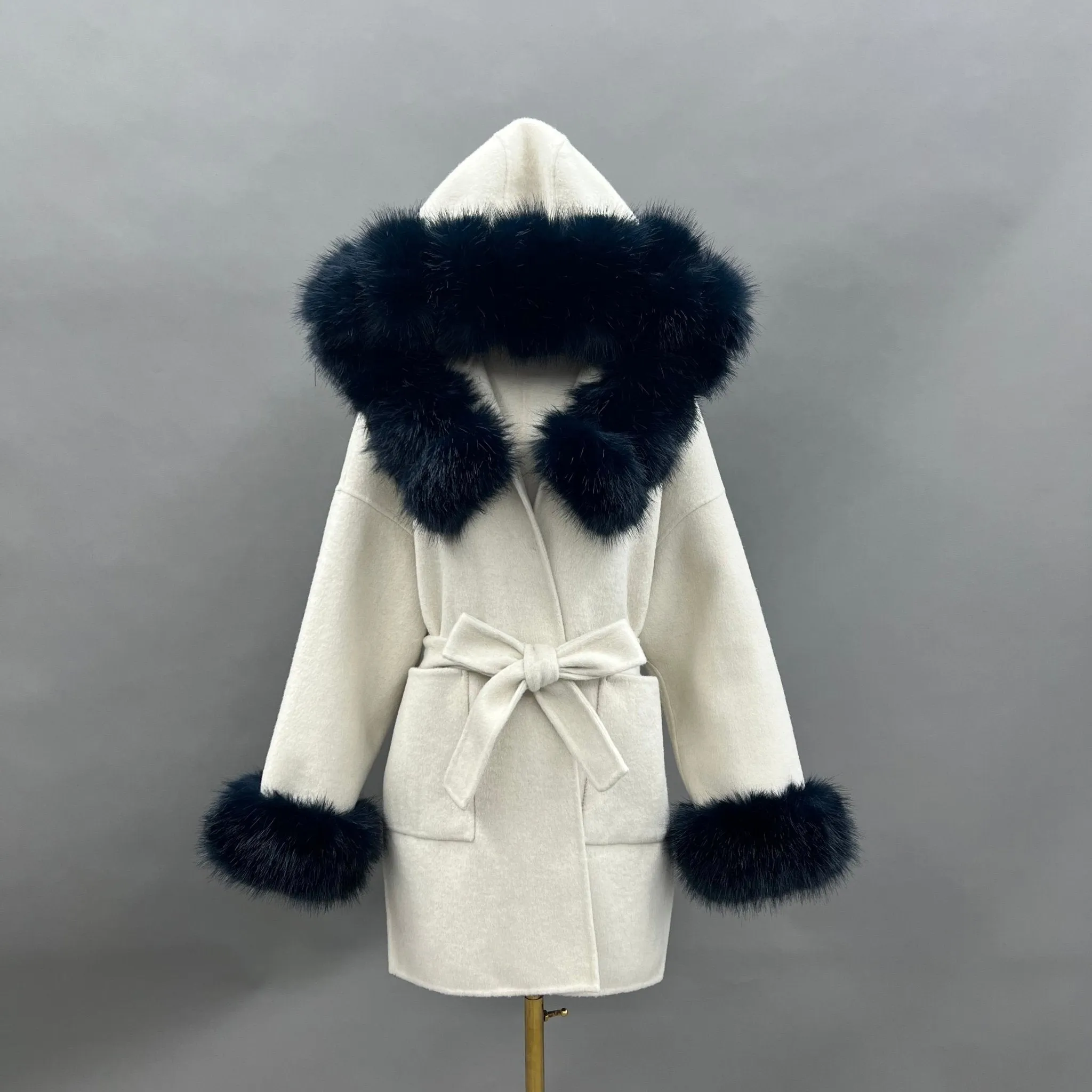 Beige/Navy Cashmere Coat With Faux Fur Trim