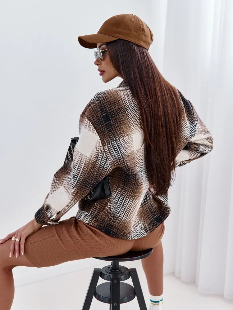 Bend down Collar Warm Button Down Plaid Jacket Shirt