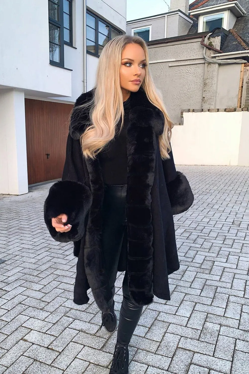 Black Faux Fur Trim Cape