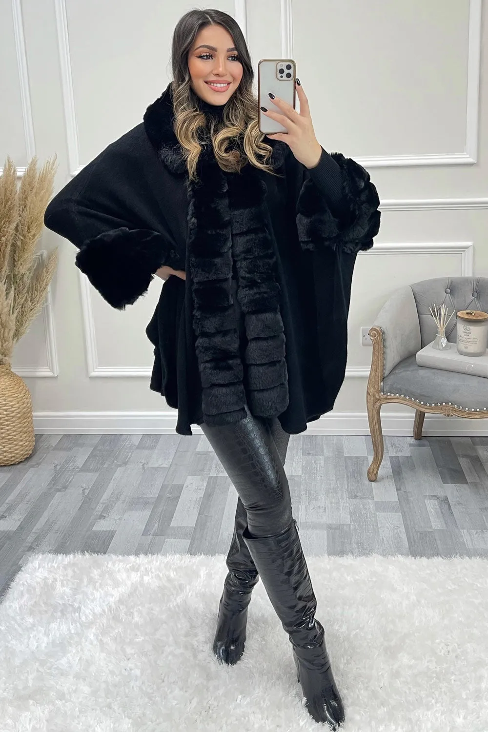 Black Faux Fur Trim Cape