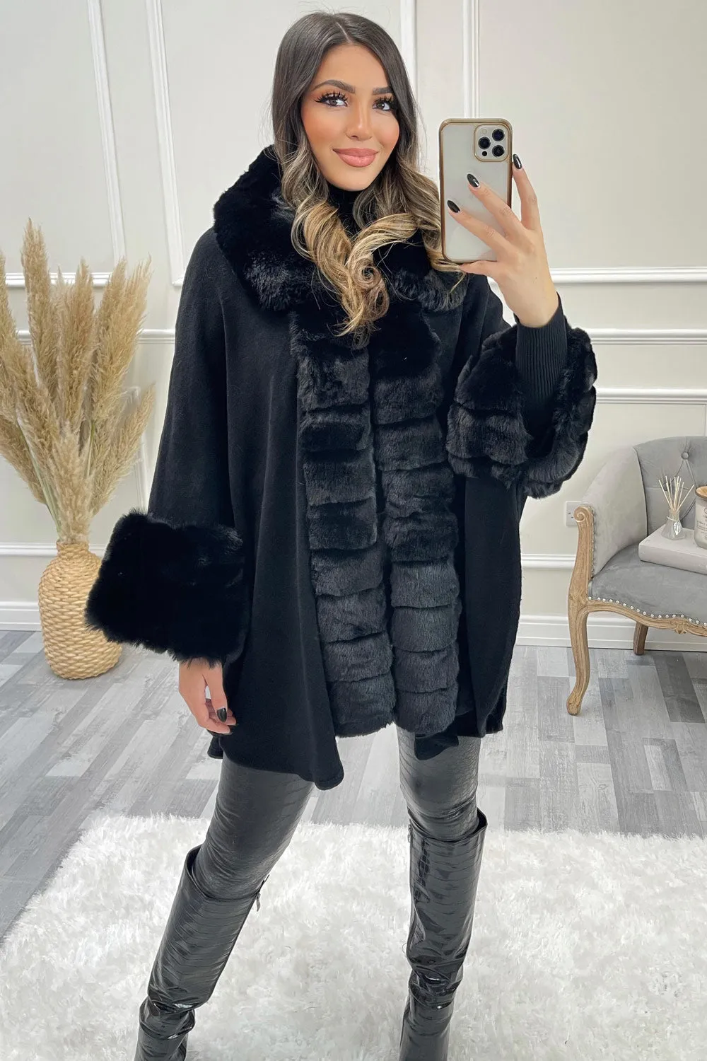 Black Faux Fur Trim Cape