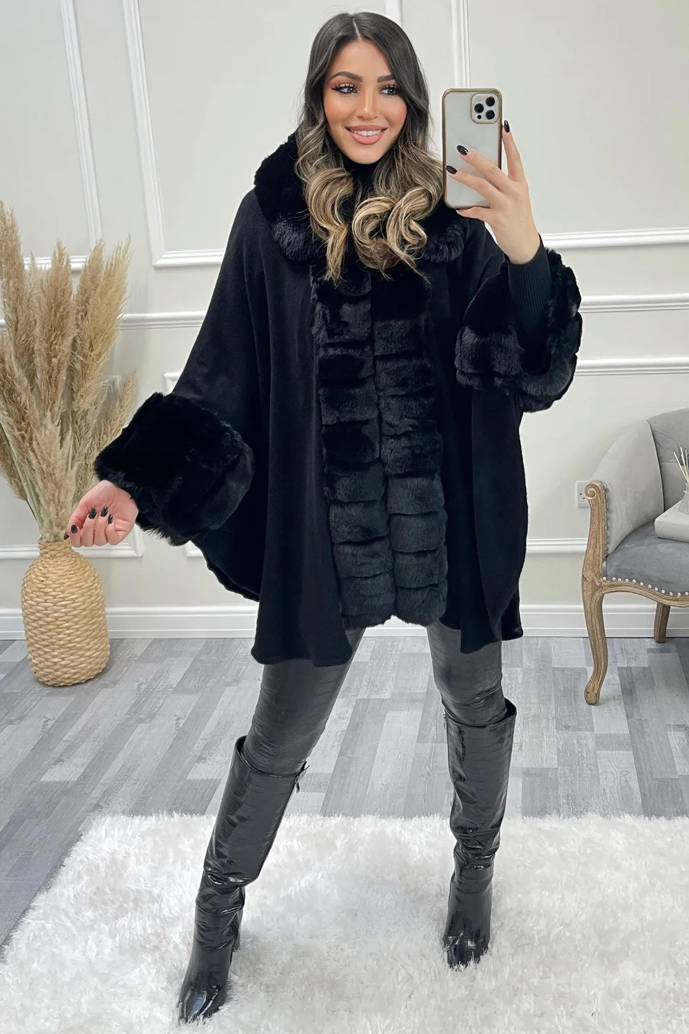 Black Faux Fur Trim Cape