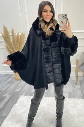 Black Faux Fur Trim Cape