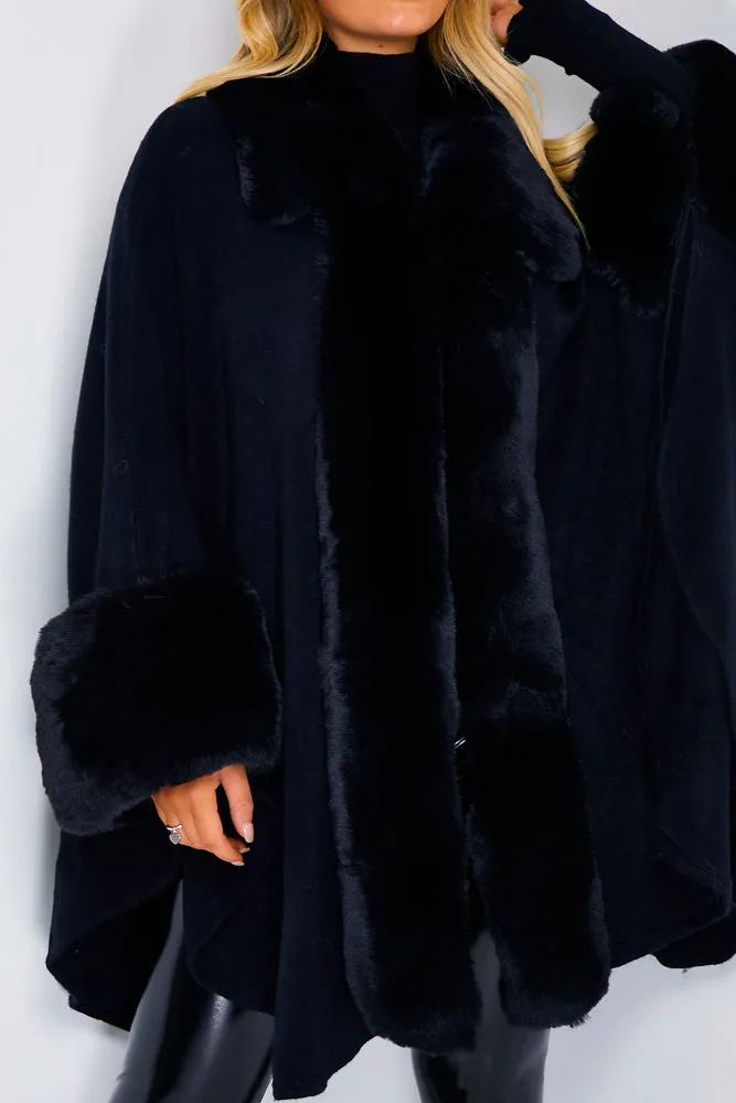 Black Faux Fur Waterfall Cape