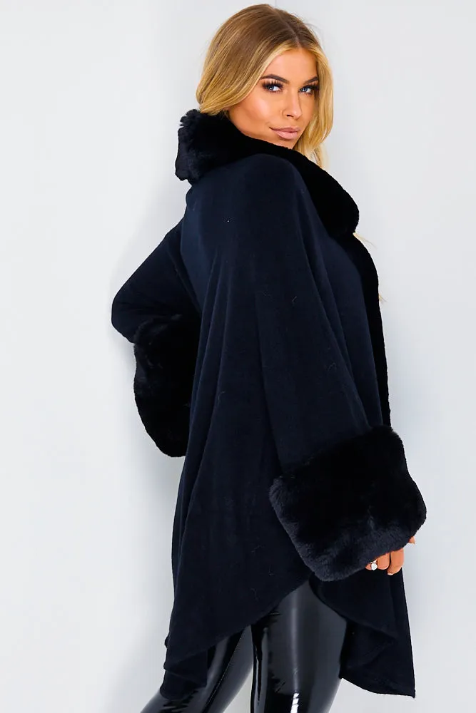 Black Faux Fur Waterfall Cape