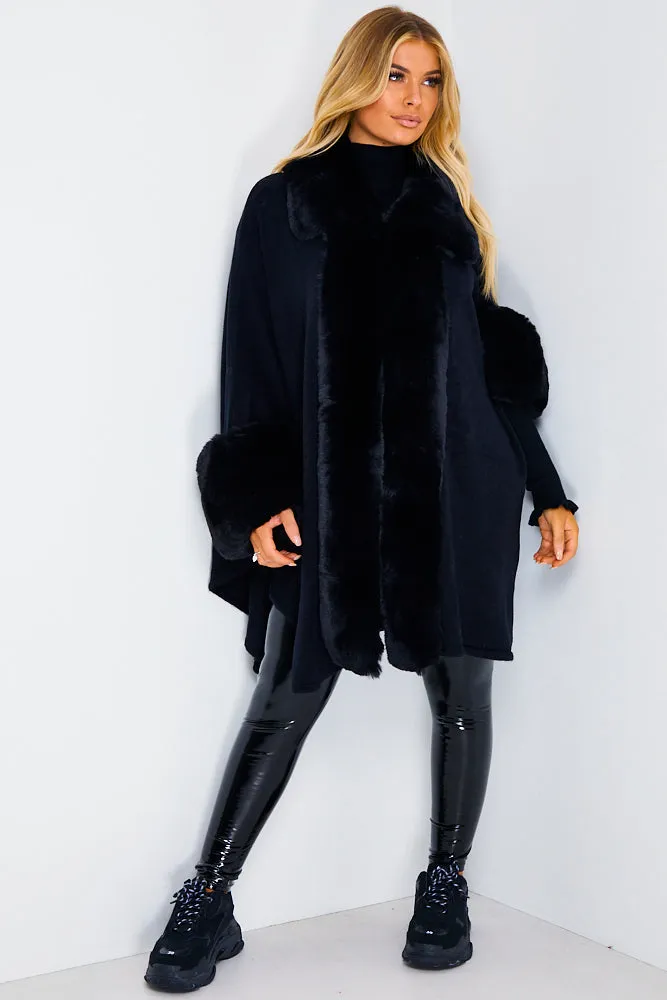 Black Faux Fur Waterfall Cape