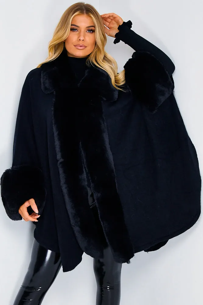 Black Faux Fur Waterfall Cape