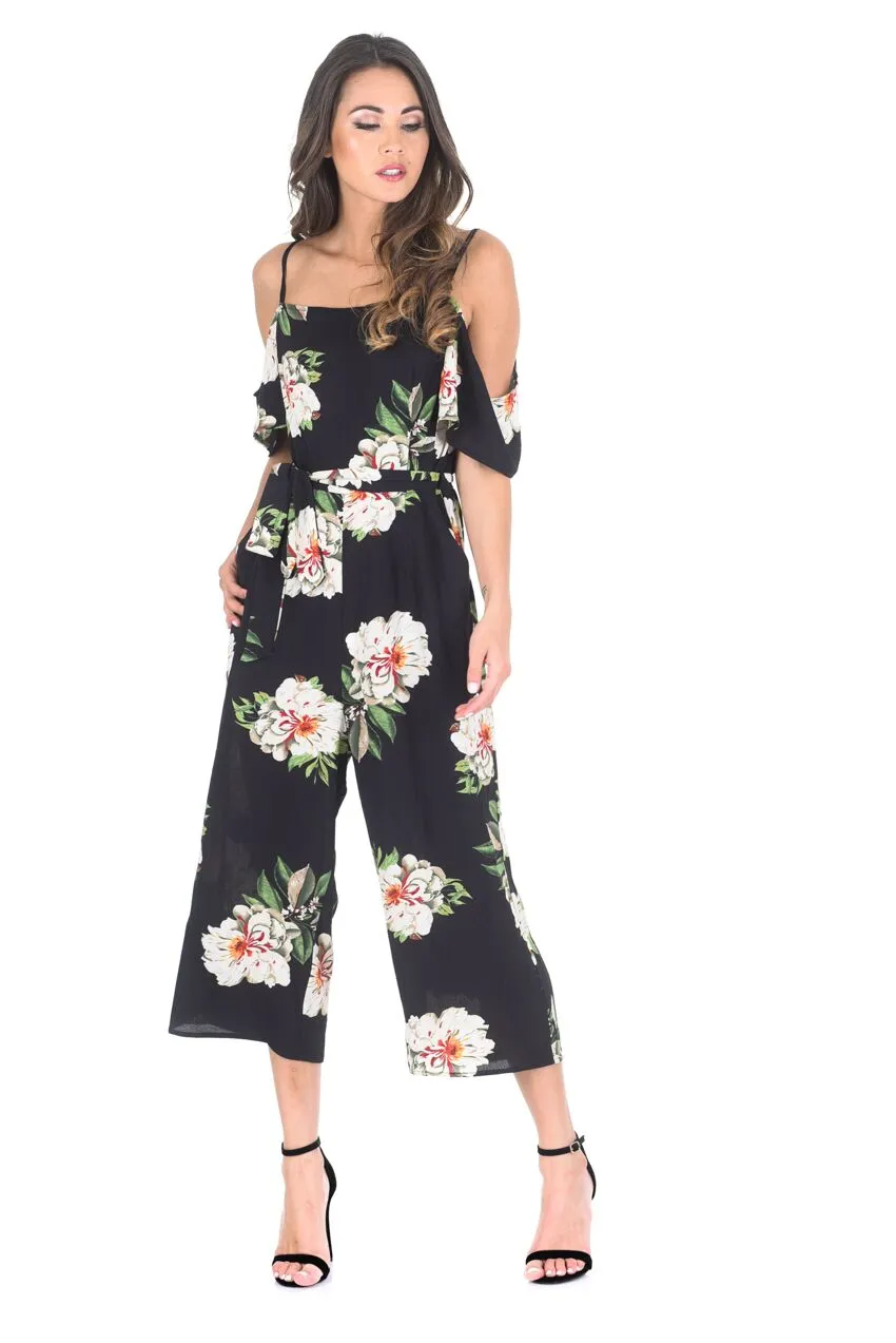 Black Floral Cold Shoulder Culotte Jumpsuit