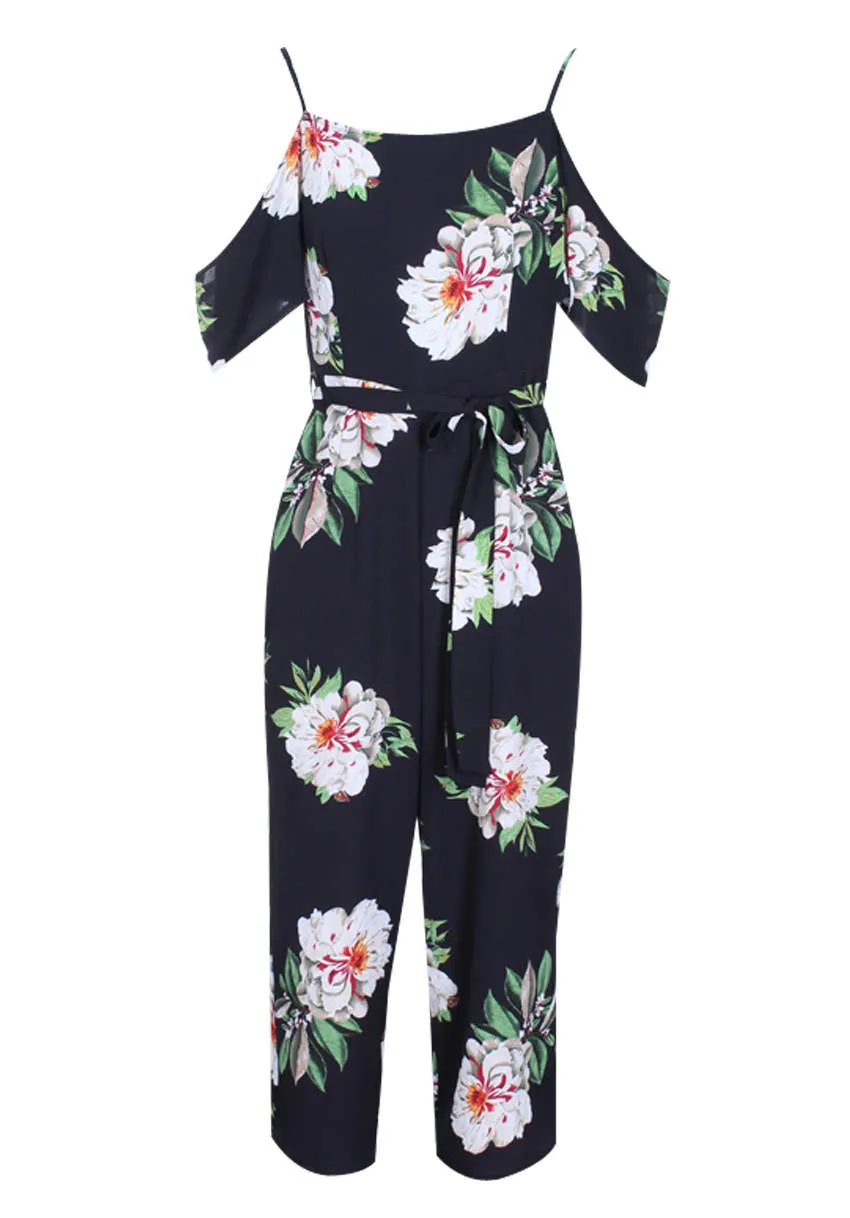 Black Floral Cold Shoulder Culotte Jumpsuit