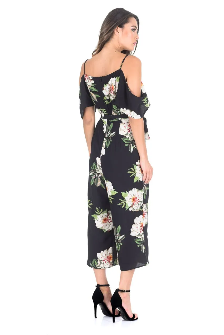 Black Floral Cold Shoulder Culotte Jumpsuit