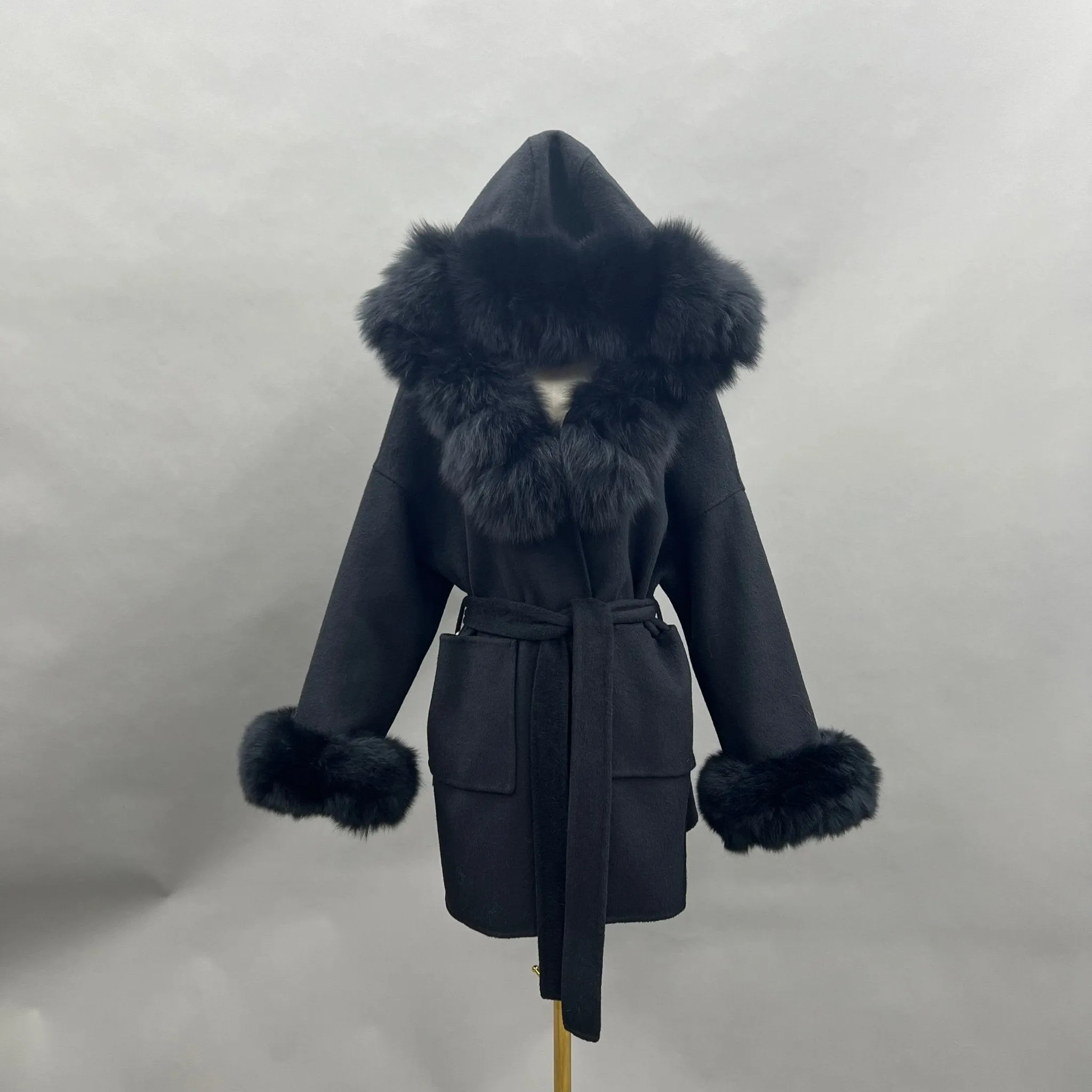 Black/Black Cashmere Coat With Fox Fur Trim