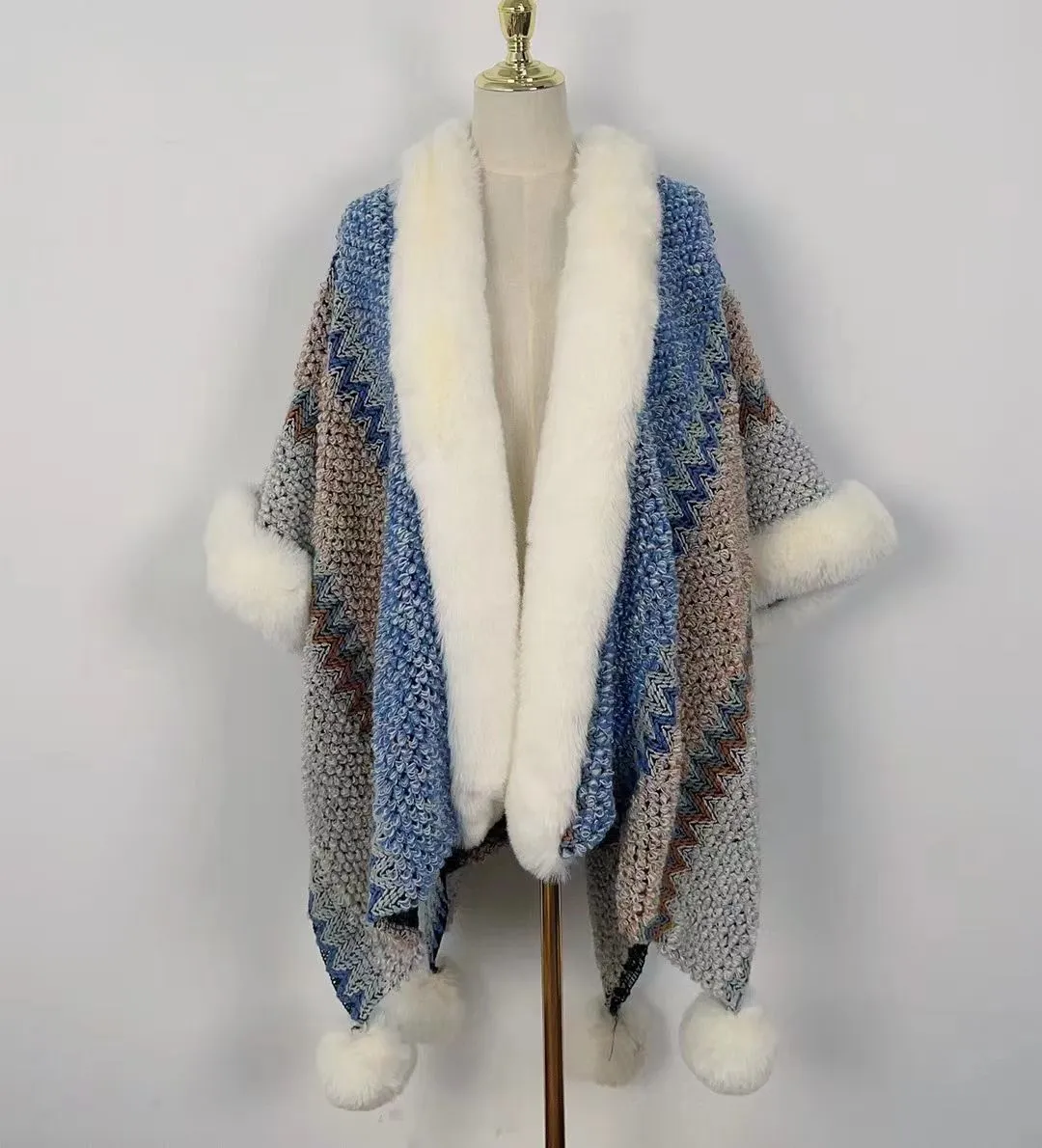 Boho Hippie Chic Rainbow Chunky Knitted Faux Fur Trim Pom Pom Poncho Shawl Coat