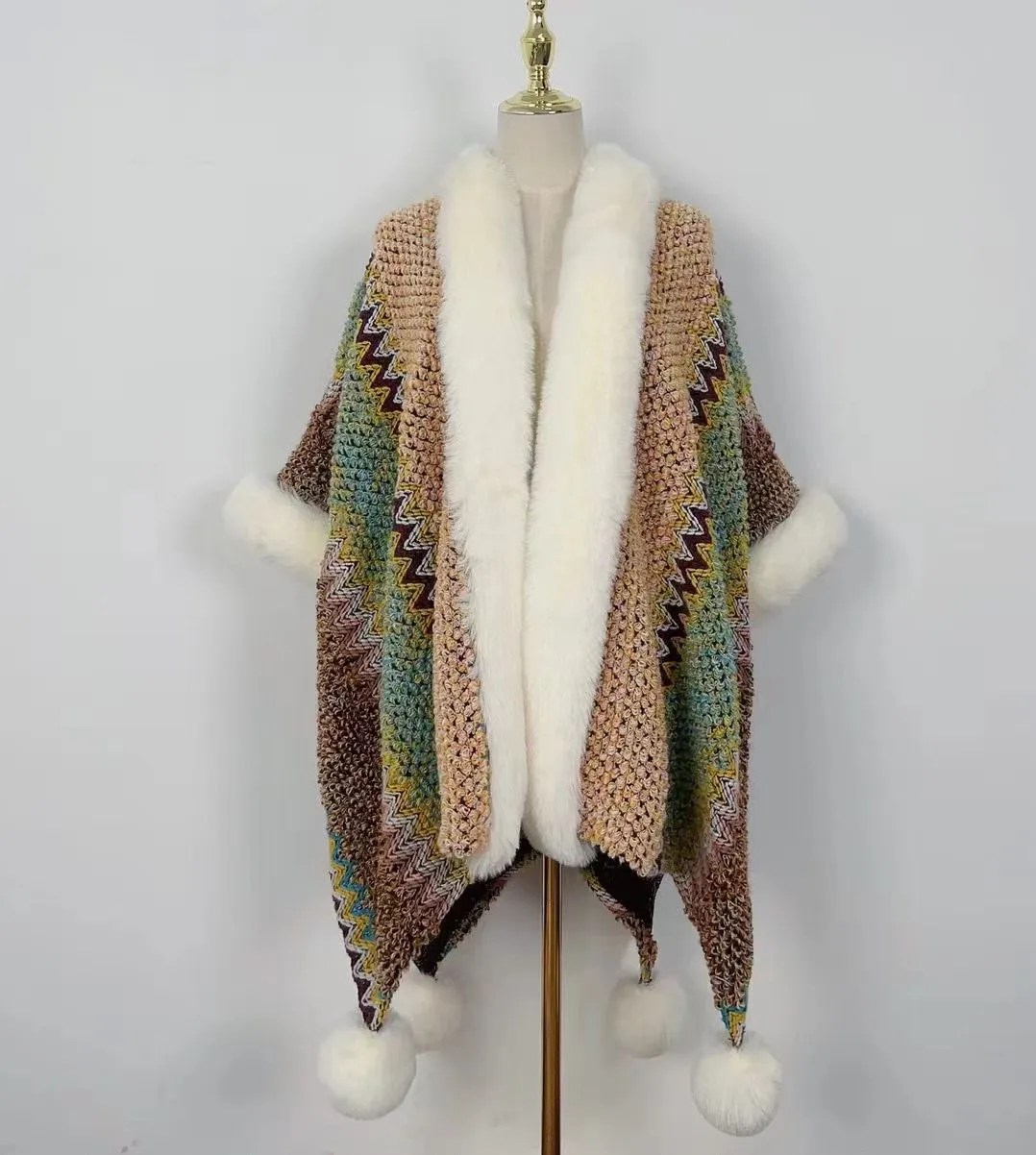 Boho Hippie Chic Rainbow Chunky Knitted Faux Fur Trim Pom Pom Poncho Shawl Coat