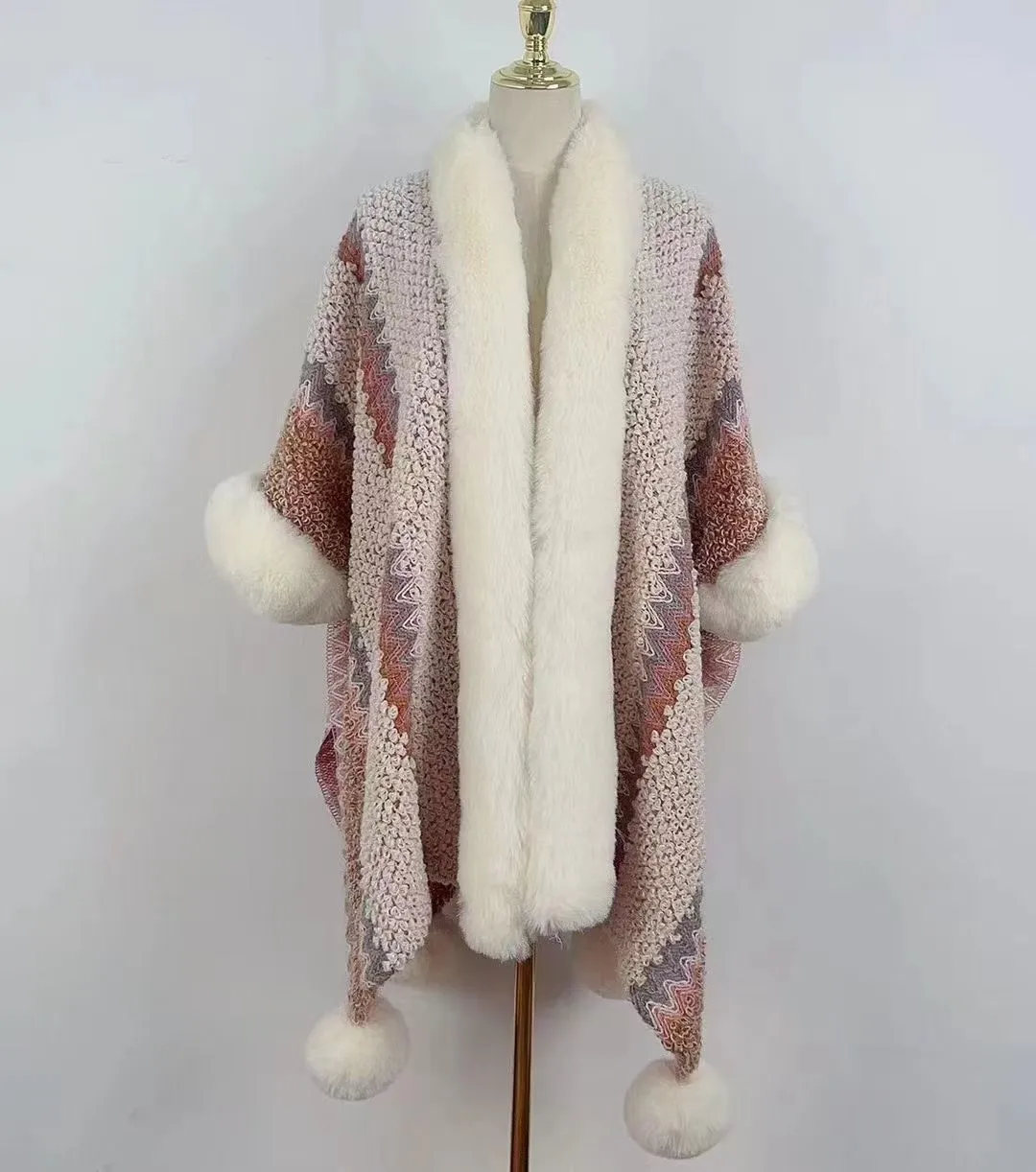 Boho Hippie Chic Rainbow Chunky Knitted Faux Fur Trim Pom Pom Poncho Shawl Coat