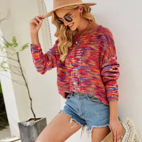 Boho Multicolored Round Neck Space Dye Cable Knit Pullover Sweater