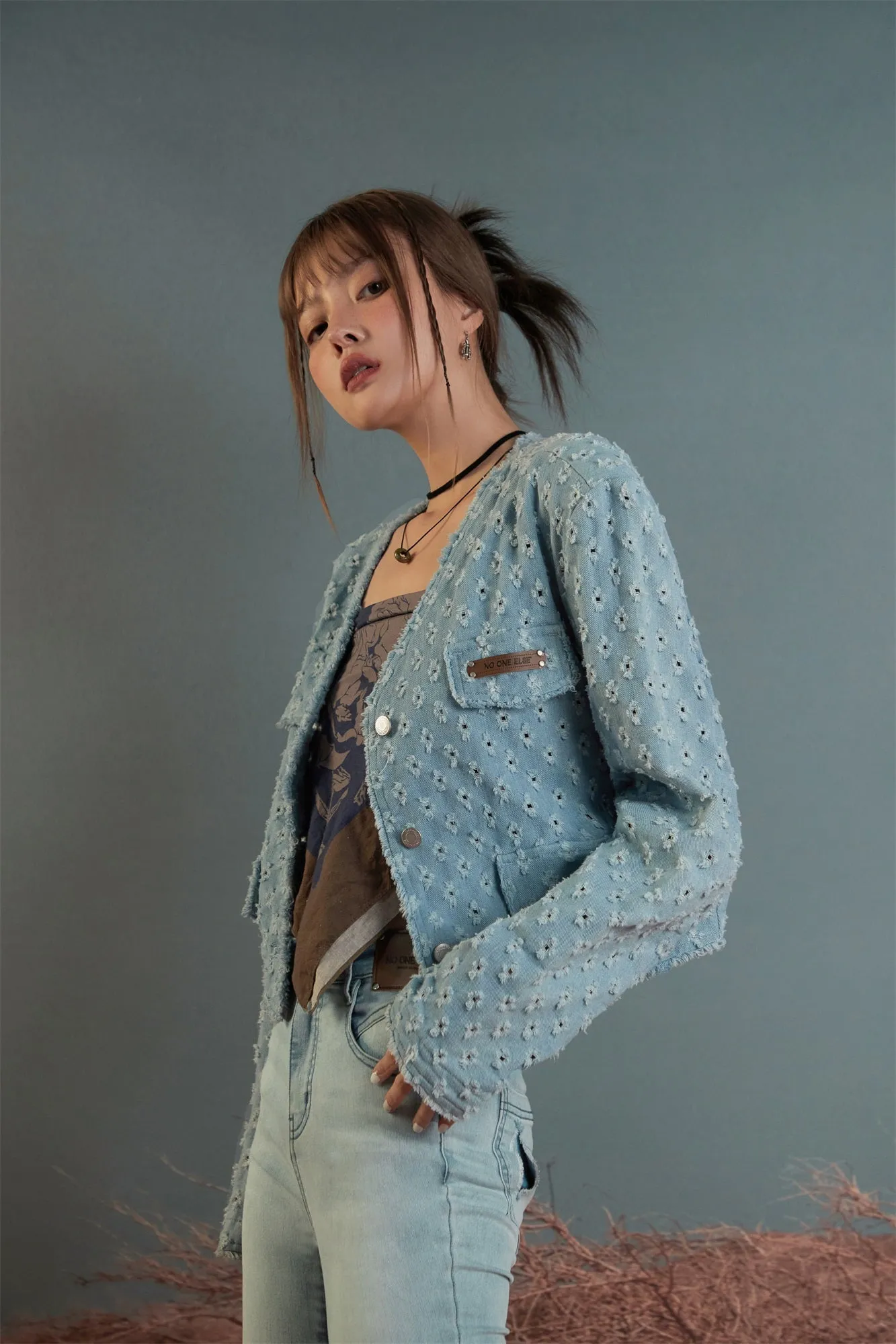 Broderie V- Neck Denim Jacket