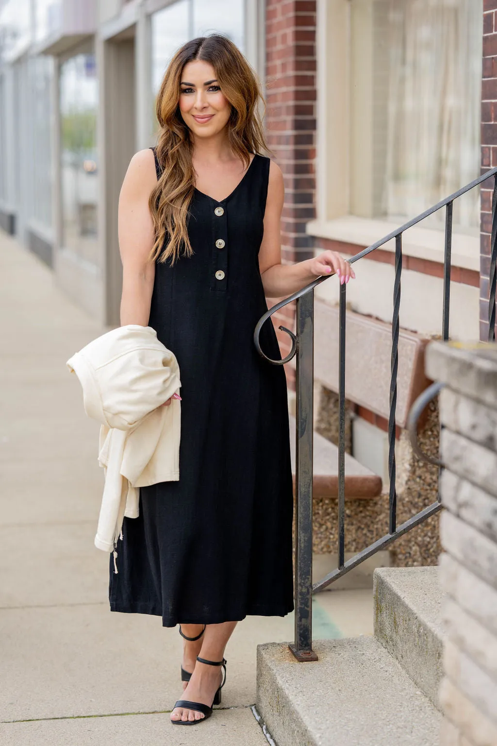 Button Accented Cutout Back Midi Dress